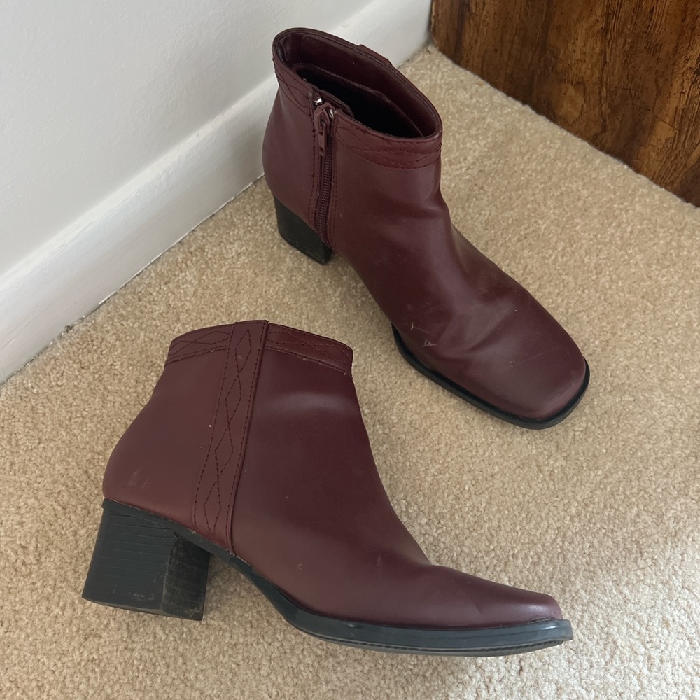 Burgundy and red leather ankle boots